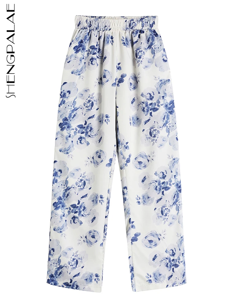 

SHENGPALAE корейские широкие брюки для женщин 2023 весенние Модные Винтажные синие с принтом розы свободные прямые брюки Y2k одежда 5R865
