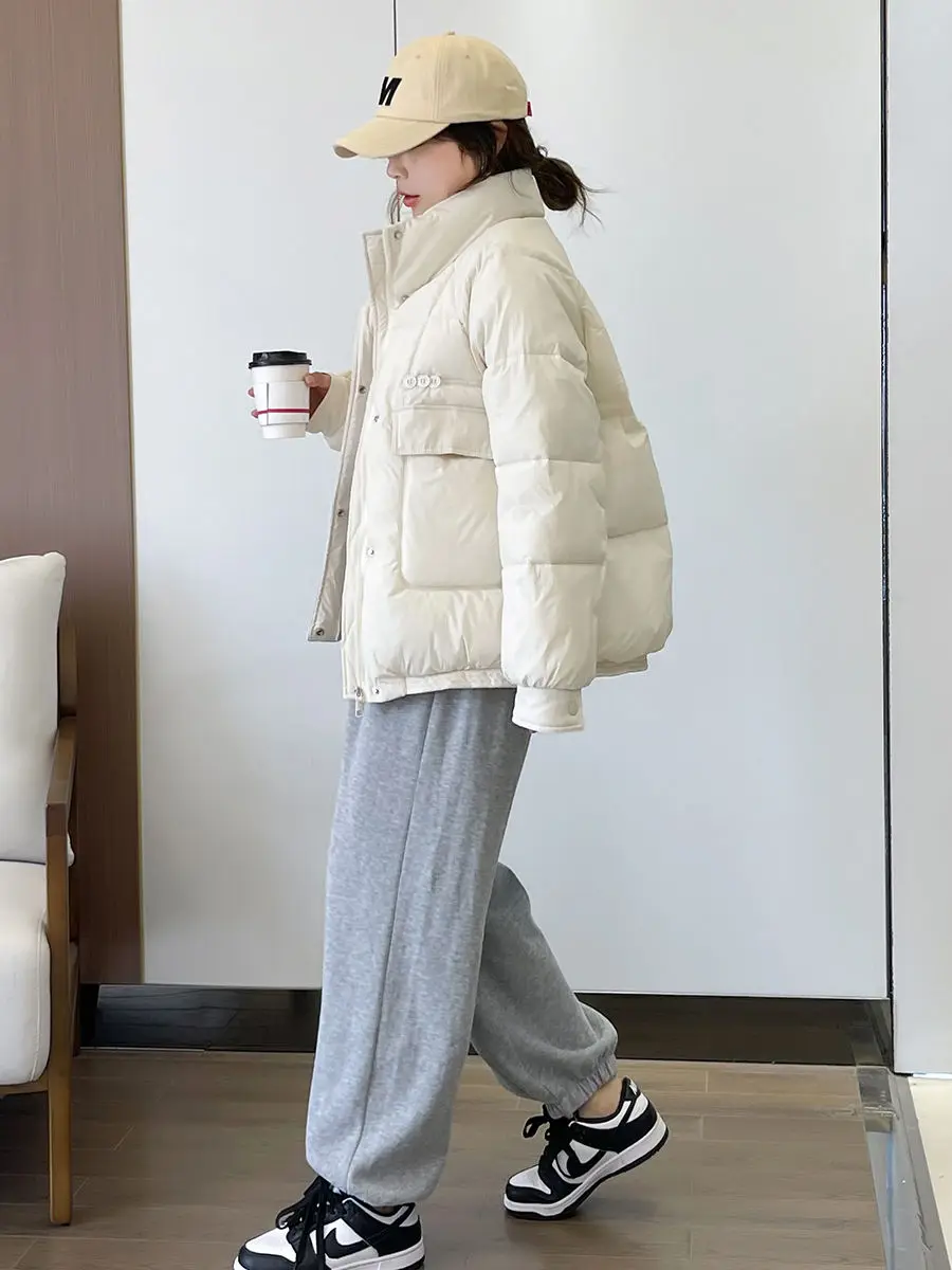 New Women White Duck Down Jacket Stand Collar 2023 Autumn Winter Outwear Casual Loose Fashion Warm Coat Down Coat Jackets M22