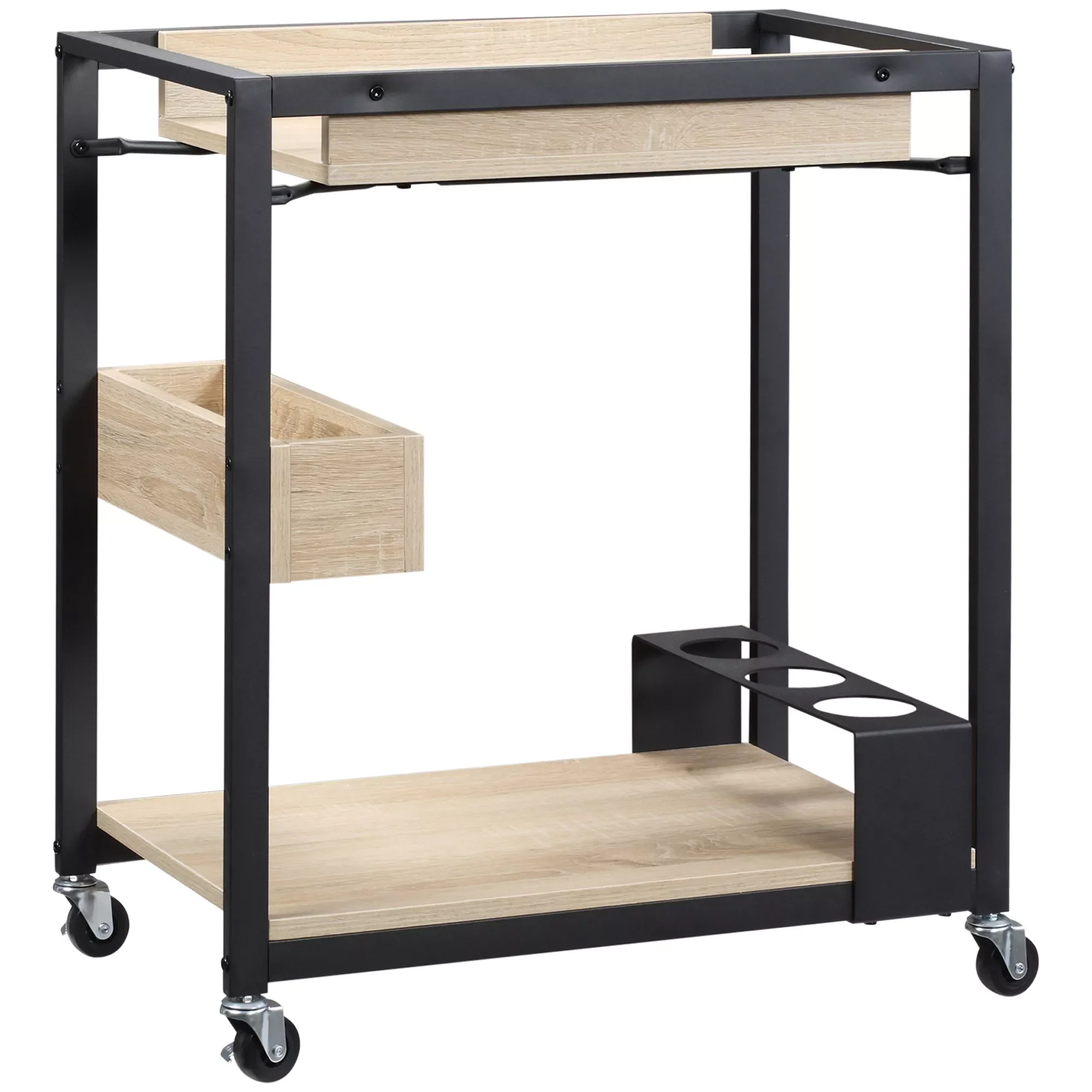 

Кухонная Тележка HOMCOM на колесах, сервисная тележка с 2 полками, ящик для хранения и полка для бутылок на 3 бутылки для гостиной