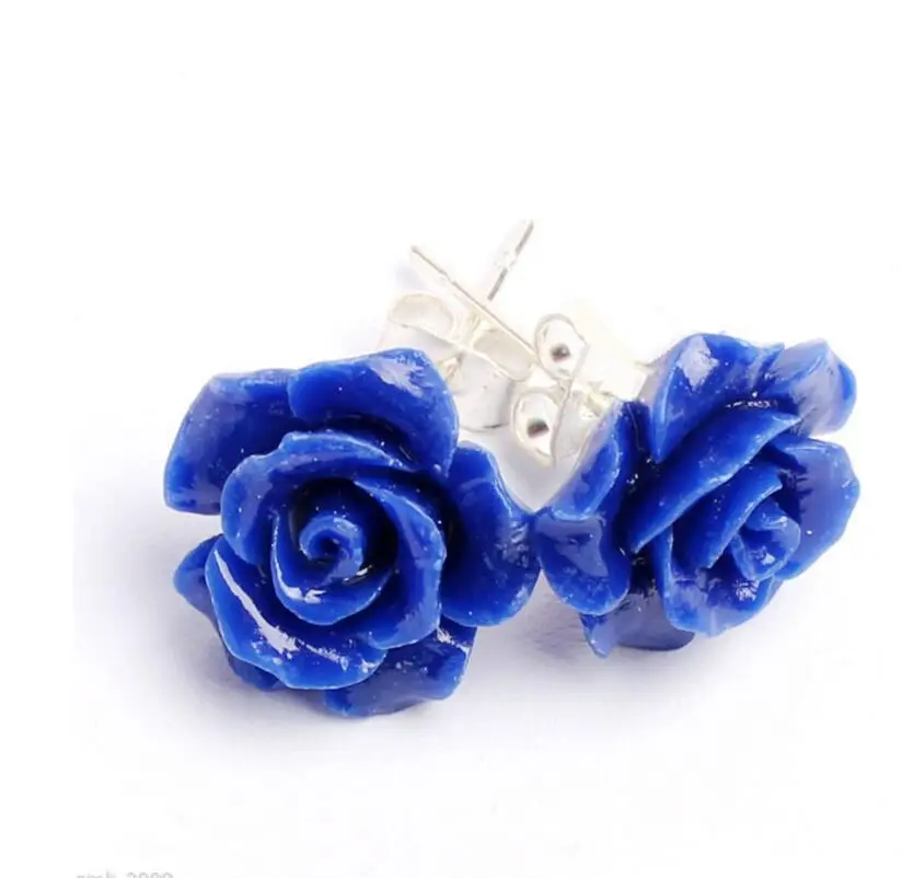 

Fashion jewelry lady's 12mm Lapis lazuli Carved Rose Flower 925 Sterling Silver elegant Earrings