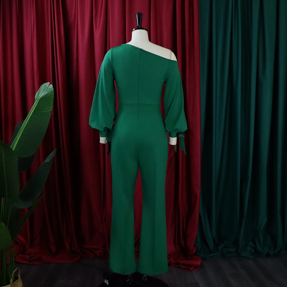 Autumn New Jumpsuits for Ladies Full Lantern Sleeve High Waisted Turn Down Collar Fashion Elegant Long Rompers & Jumpsuits Hot