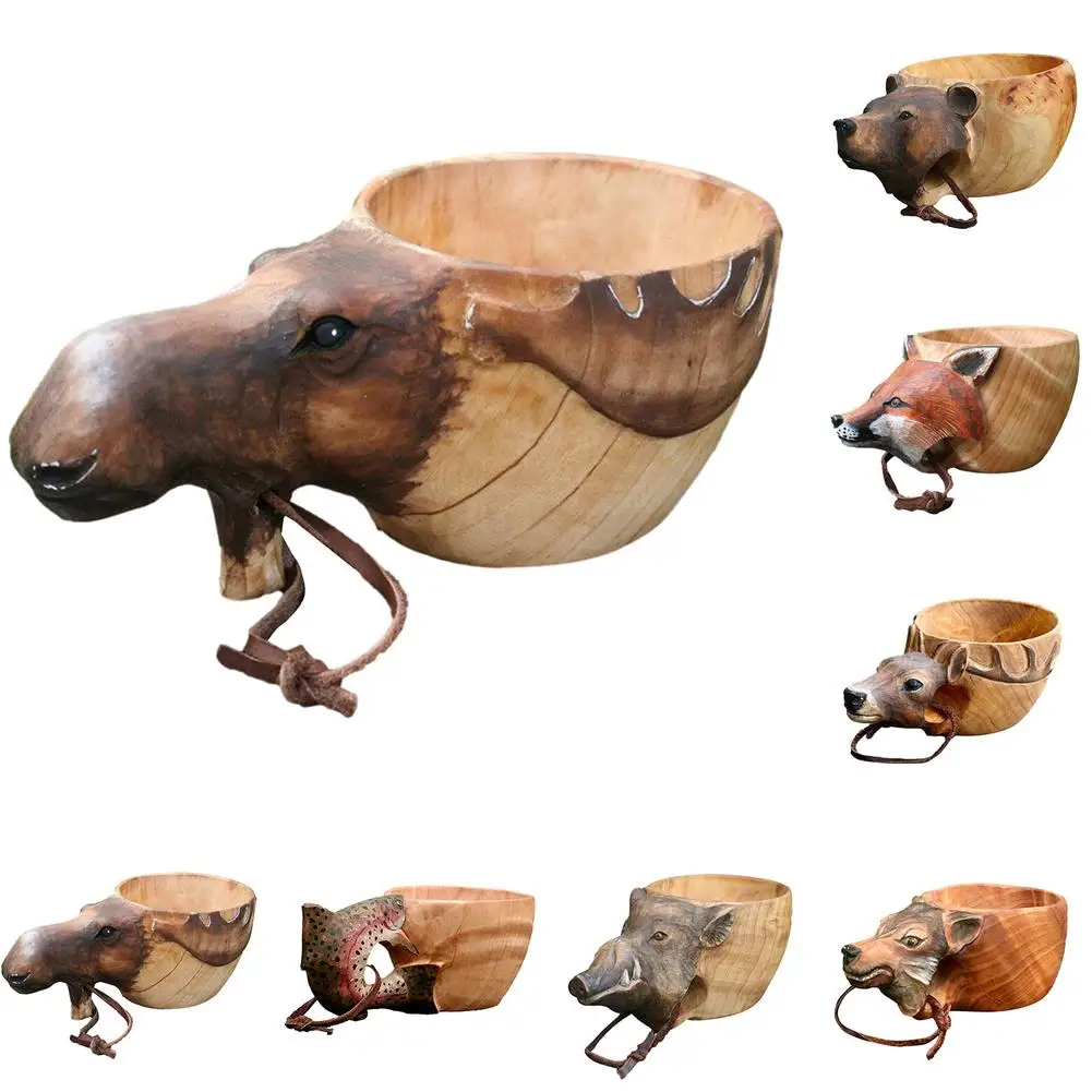 

Kuksa Hand Carved Wooden Cute Mug Kuksa Guksi Animals Head Cup Wooden Mug Craft Portable Camping Drinking Cup Drinking