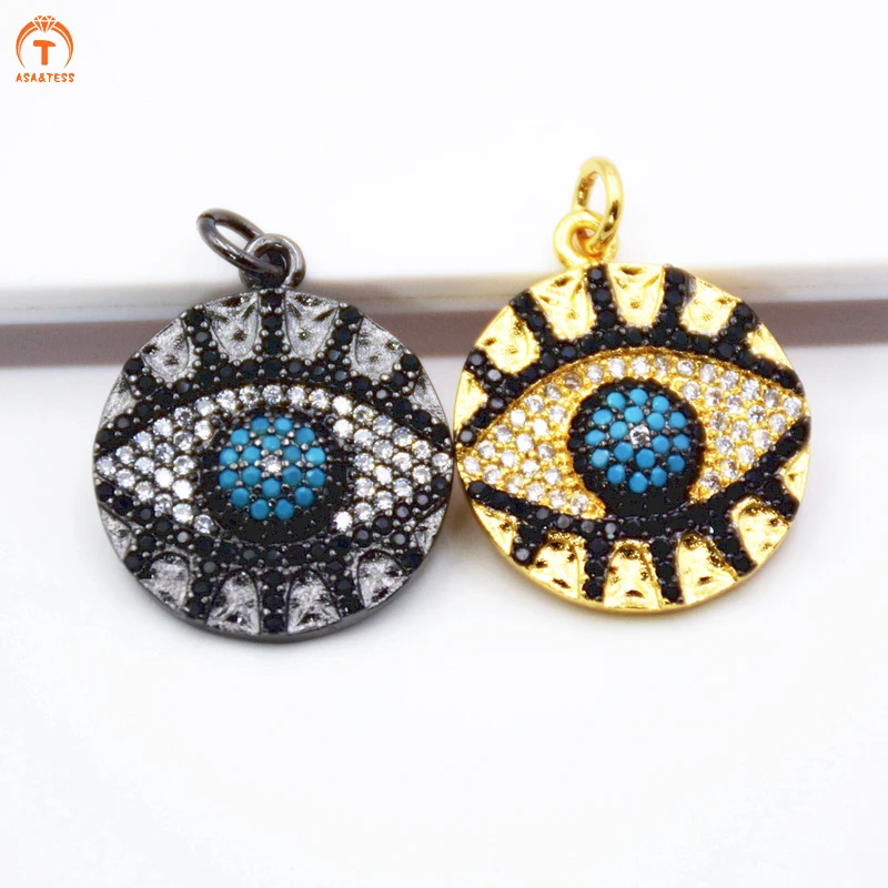 

CZ Micro Pave white Evil Eye on Disc Round Charm/Pendant CZ in Black Gold Finish findings 23x18mm