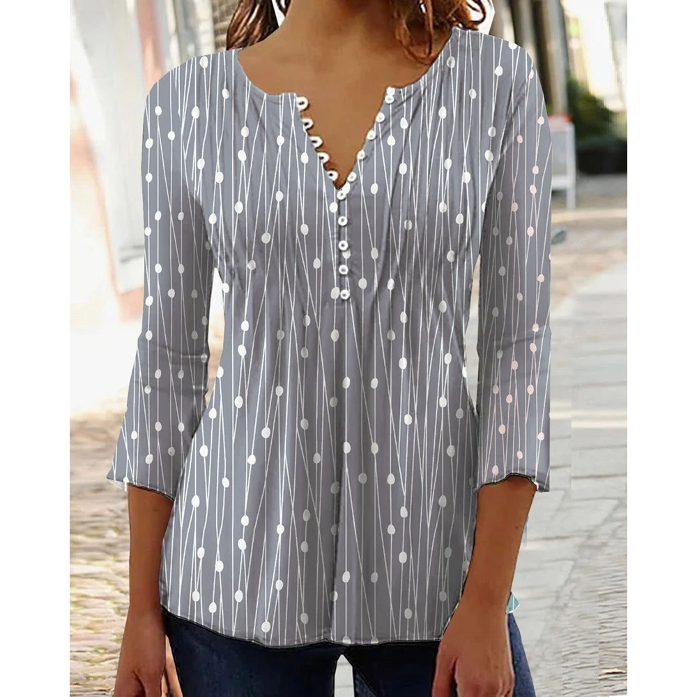 

Women Polka Dot Striped Print Long Sleeve V Neck T-Shirts Buttoned Front Top Female Casual Tees Steetwear Korean Style Sweatshir