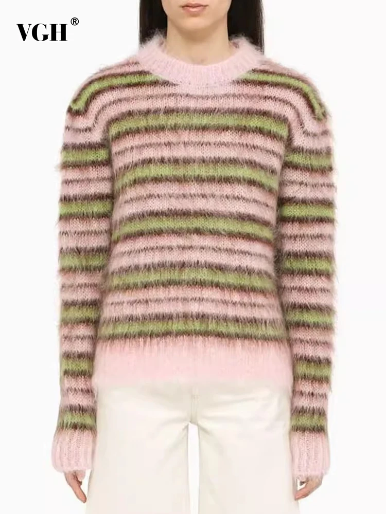 

VGH Hit Color Striped Loose Knitting Sweaters For Women Round Neck Long Sleeve Casual Pullover Sweater Female Fashion Clothing