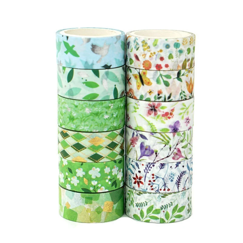 

12 Rolls Washi Tape Set Vibrant Green Garden Hand Account Tape Scrapbook Stickers DIY Crafts Decor Gift Supplies