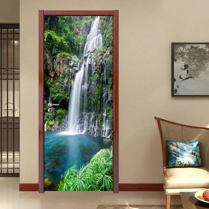 

3D Photo Wallpaper Waterfall Nature Landscape Door Sticker PVC Waterproof Self-adhesive Door Mural Papel De Parede 3D Home Decor