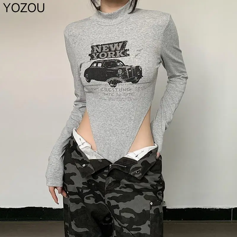 

Осенняя серая водолазка из 2022 хлопка, боди с длинным рукавом, облегающие Женские топы, футболка, уличная Корейская футболка с рисунком автом...