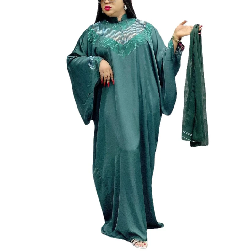 Spring Summer Fashion Style 2023 African Women Long Sleeve V-neck Green Polyester Long Dress African Dresses for Women Abaya