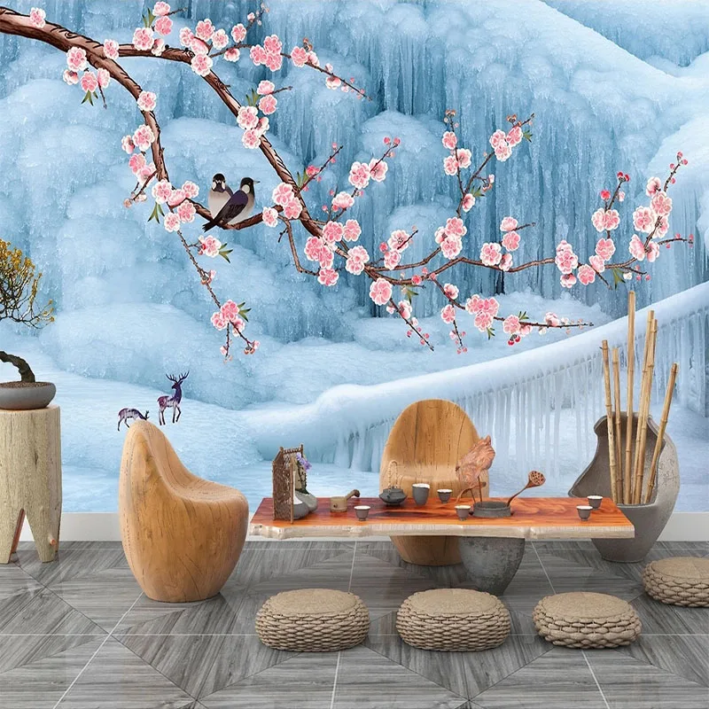 

Custom Mural Wallpaper 3D Flowers Birds And Deer Snowy Living Room TV Backdrop Decorative Painting Papel De Parede Home Décor