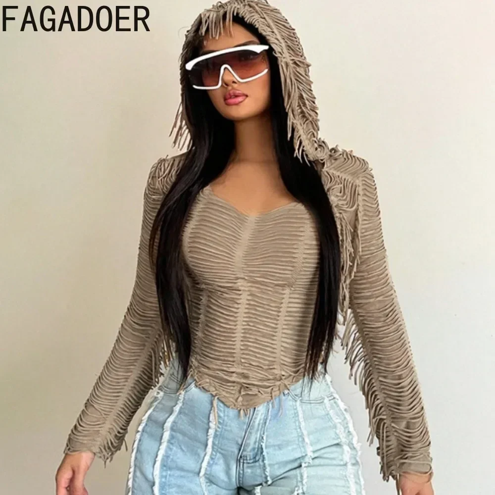 Модный коричневый укороченный топ FAGADOER Y2K с кисточками и капюшоном Женский