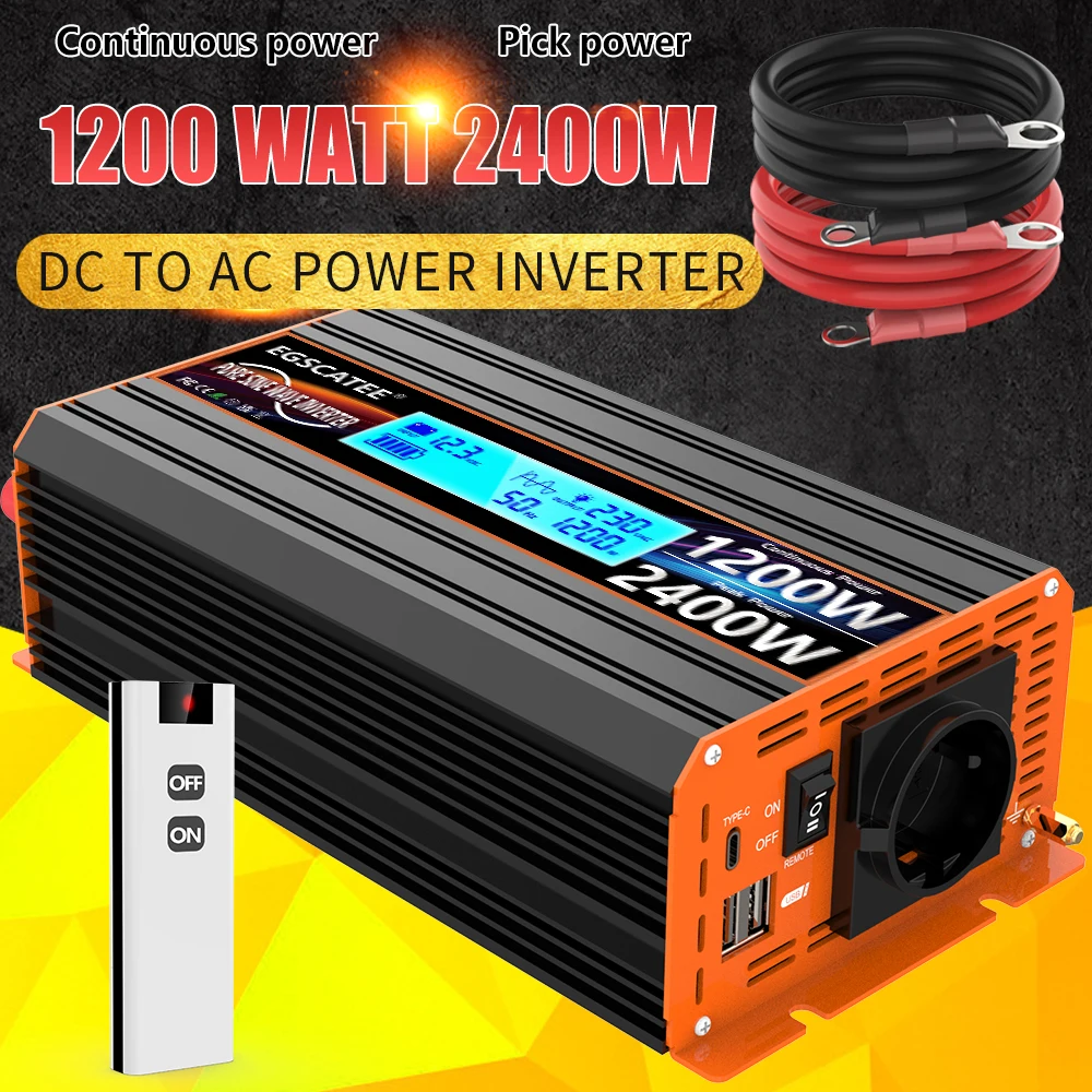 

Pure Sine Wave Power Inverter Continuous power 1200W dc 12v LED display is suitable for ac 220V 240V solar converter car