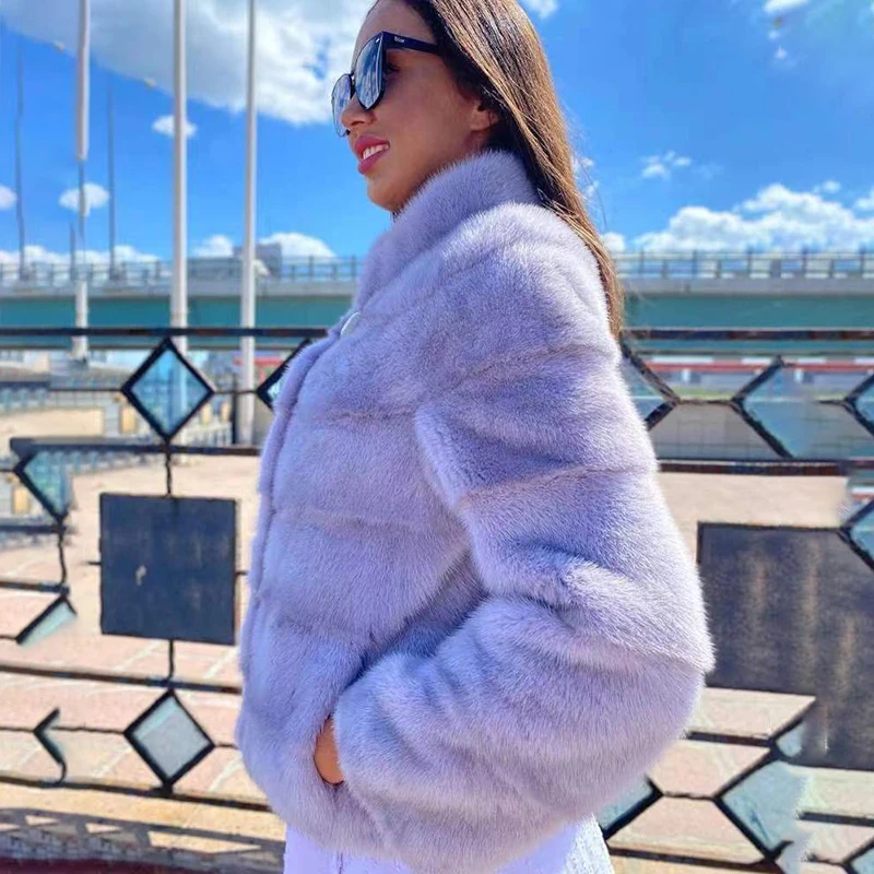 Purple Mink Fur Coats Women Winter New Luxury Temperament Outertwear Lady Stand Collar Cozy Genuine Mink Fur Jackets Female