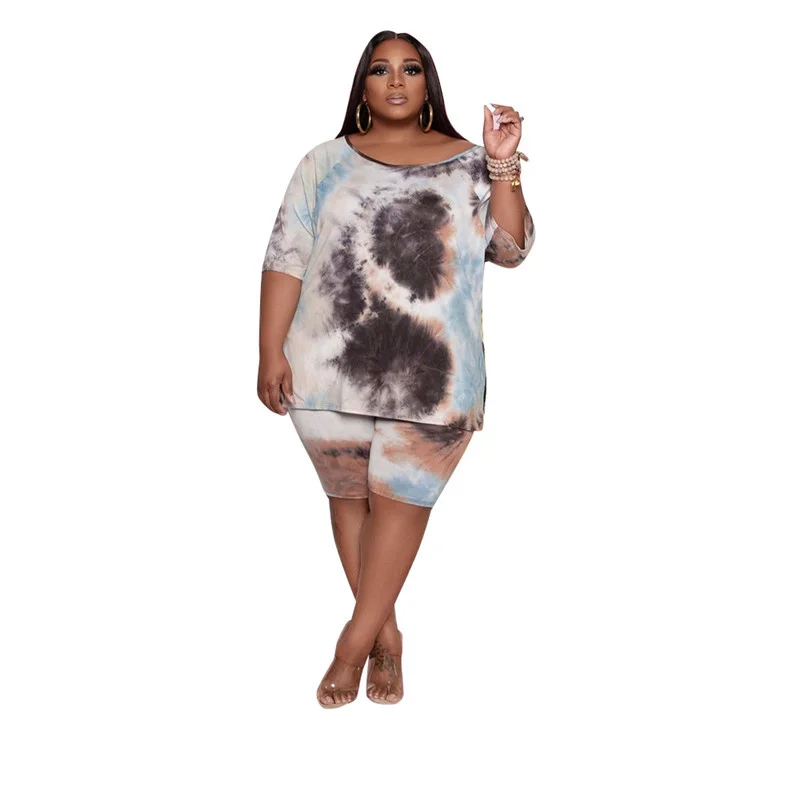 Plus Size Two Piece Set Women Wholesale Shorts Sets Tie Dye Casual Tshirt Crop Top and Short Pants Summer Tra 3xl 4xl 5xl 6xl