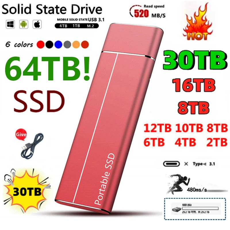 

Protable SSD High Speed Type-C USB3.1 16TB 4TB 2TB 1TB External Solid State Drive Mobile Storage Device Hard Drive for Laptop