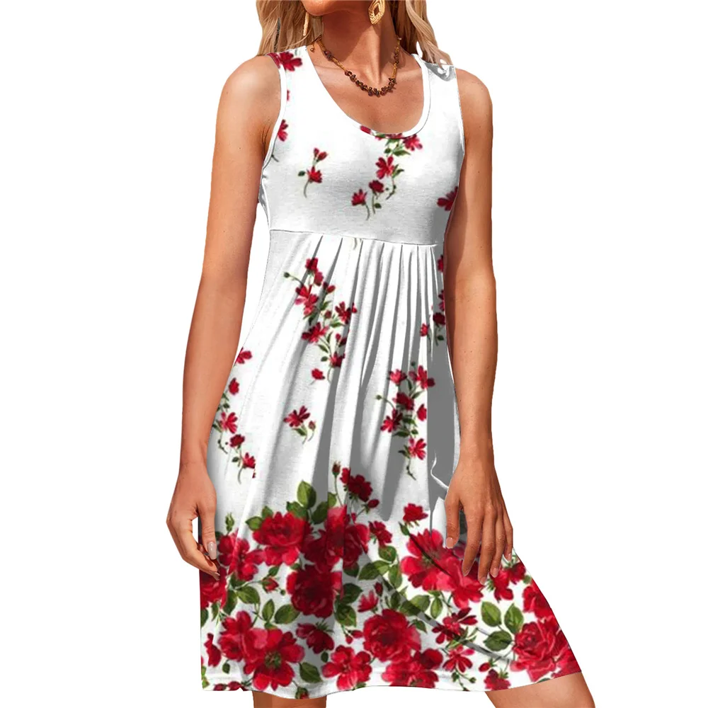 

Women's Round Neck Sleeveless Summer Tank Dress Floral Midi Casual Sundress with