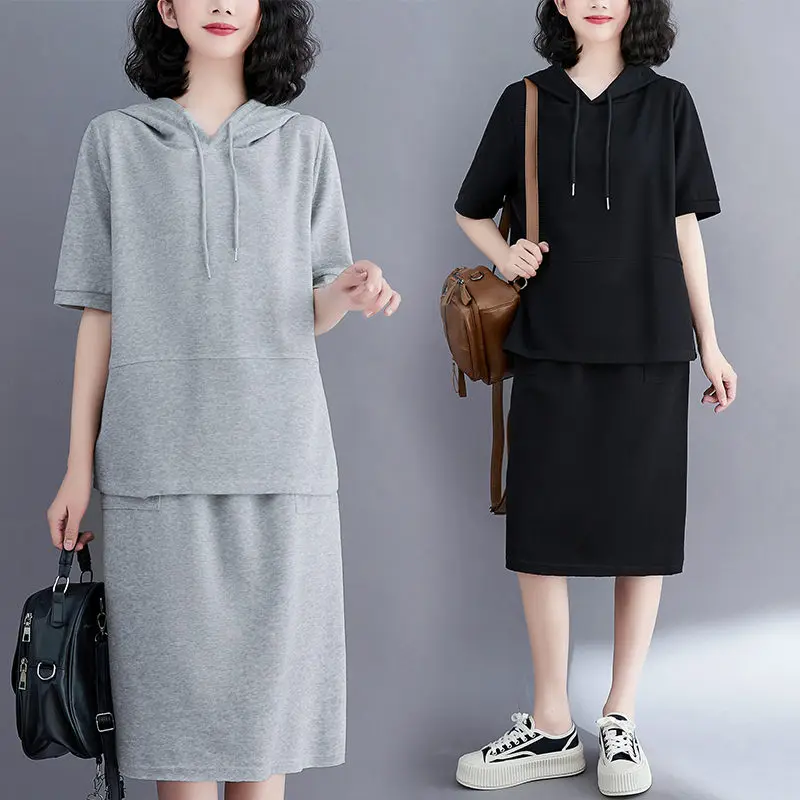 

Женский спортивный комплект из 2 предметов, свободный серый топ с капюшоном, повседневная юбка с высокой талией, спортивный костюм, наряды для лета H587