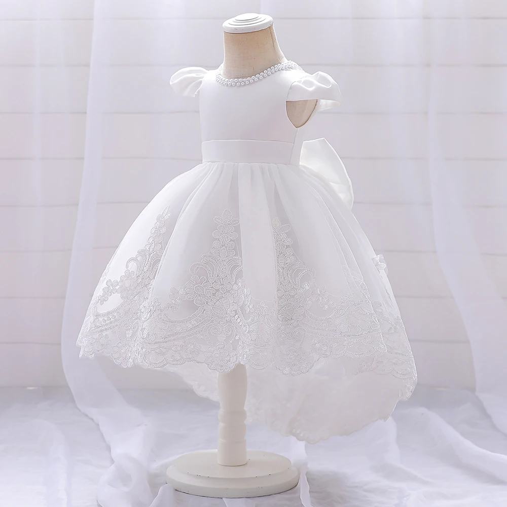 

White Bow Summer 1st Birthday Dress For Baby Girl Toddler Baptism Tulle Party Wedding Trailing Princess Dresses Christening Gown