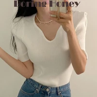 boring honey korean style fashion women blouses retro solid color slim fit chic short sleeve tops v neck knitted women%e2%80%99s clothes