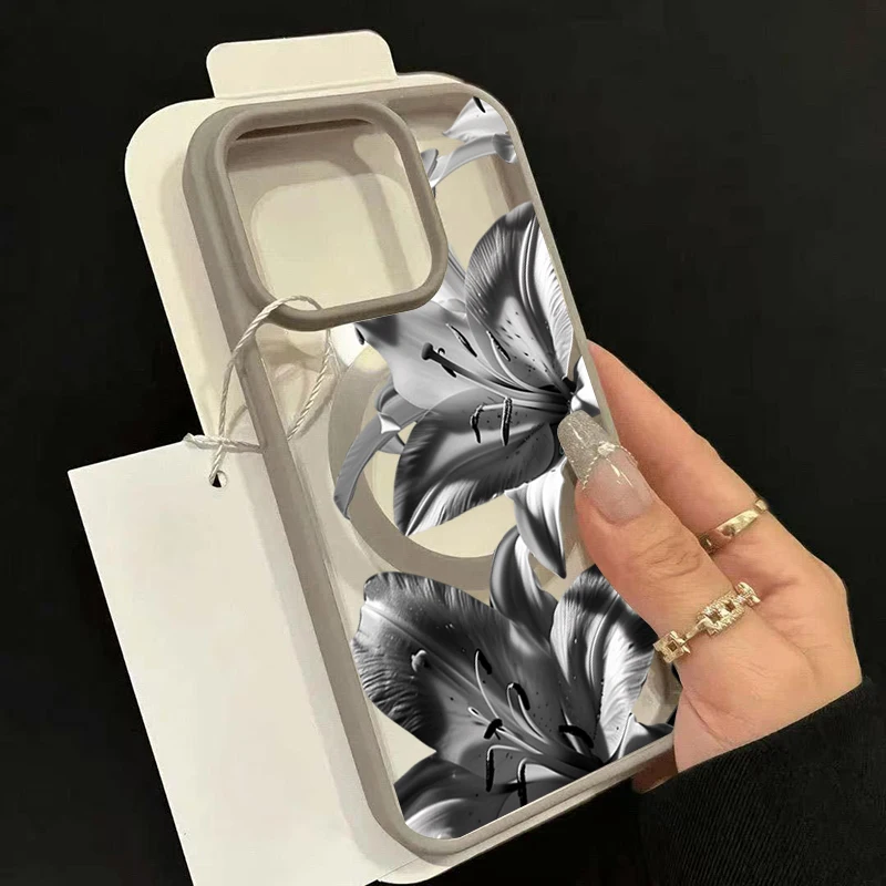 Фото Прозрачный магнитный чехол для телефона с принтом лилий в серых тонах для iPhone 17, 16, 15, 14, 13, 12 Pro Max, 11, 16 Plus, 16e, 17e, 17Air №1