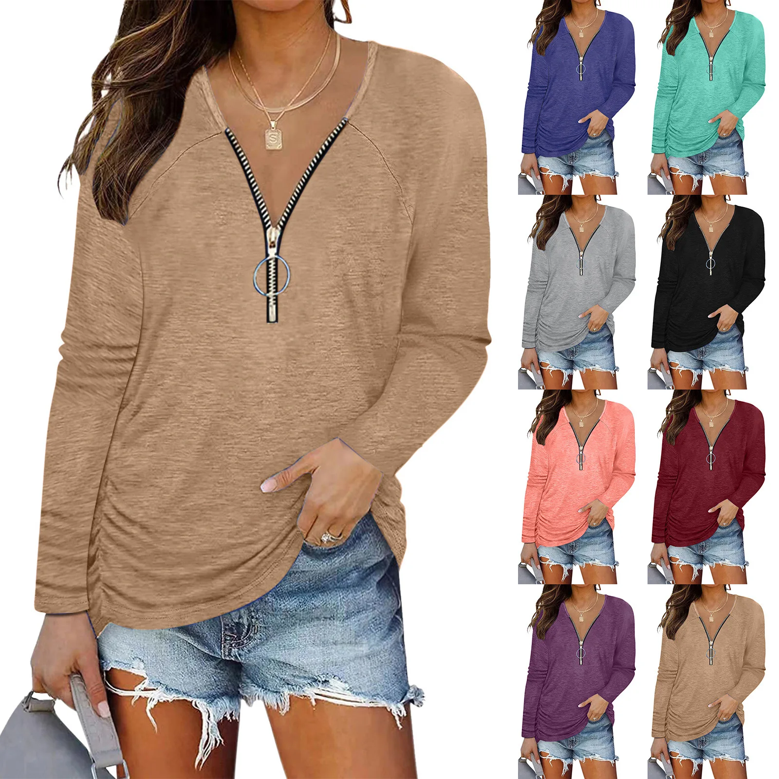 

Women's 2022 autumn new chest zipper pleated casual long-sleeved T-shirt top women