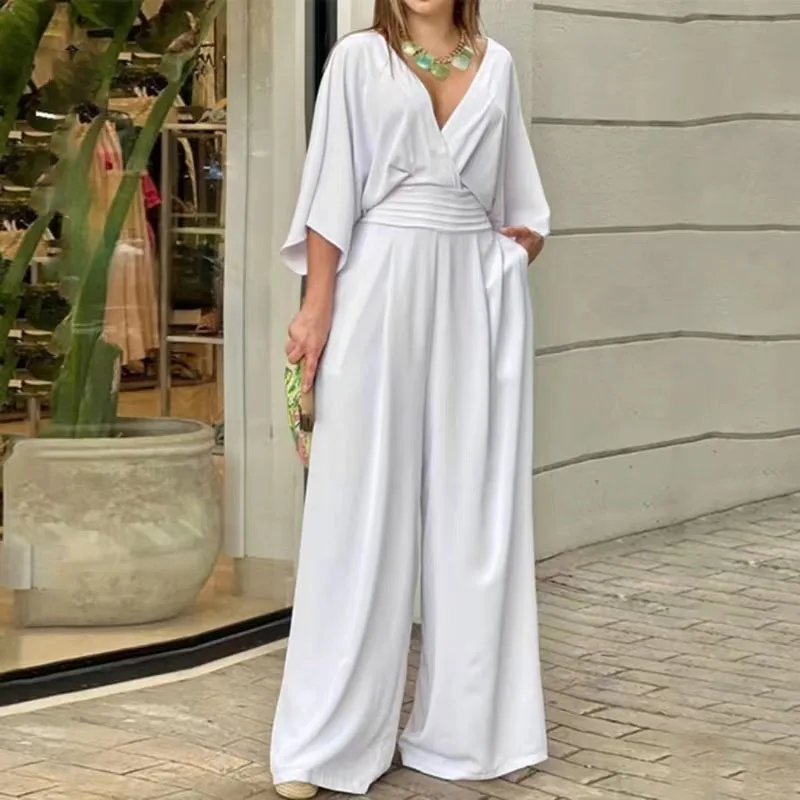 

Women One-piece Trousers Temperament Pure Color High Waist Deep V Long Sleeved Wide Leg Jumpsuit Waist Belt Summer Suit