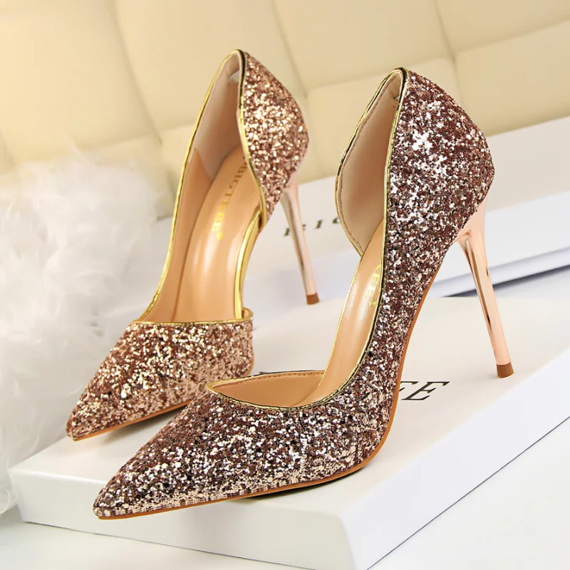 

868-8 Fashion Women Pumps Night Club Women Shoes Slim Heels High Heels Shallow Mouth Pointed Side Hollow Sequins Single Shoes