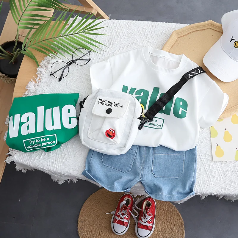 

Детская одежда, домашняя одежда, Детские комплекты «s», полосатая рубашка + шорты + сумка в пригородном стиле