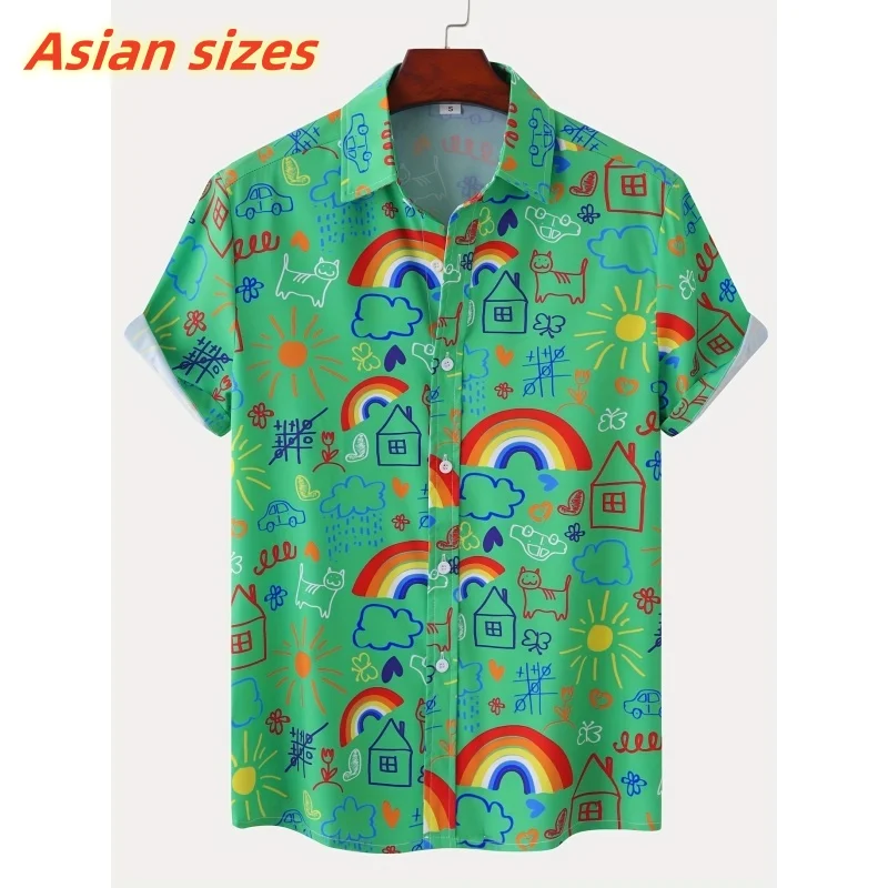 Фото Rainbow Flowers Pattern Hawaiian Shirt For Men Colorful Graffiti 3D Printed Aloha Shirts Casual Lapel Tops Short Sleeves Blouses №5