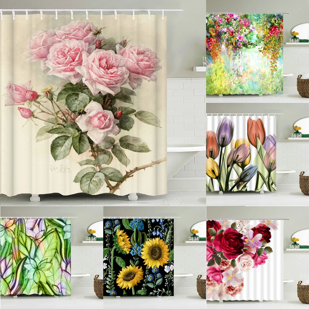 

Colorful Tulip Rose Flower Tree Shower Curtain Bathroom Curtain Natural Floral Waterproof Polyester Shower Curtain