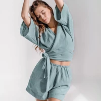 two piece set summer pajamas suit for women cotton french shorts v neck wrapping straps loose shorts lounge wear woman sleepwear