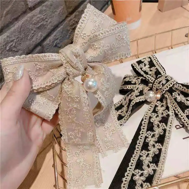 

Han edition hair edge clip spring with double head ornaments lace bow spring palace wind top clip to embroidery