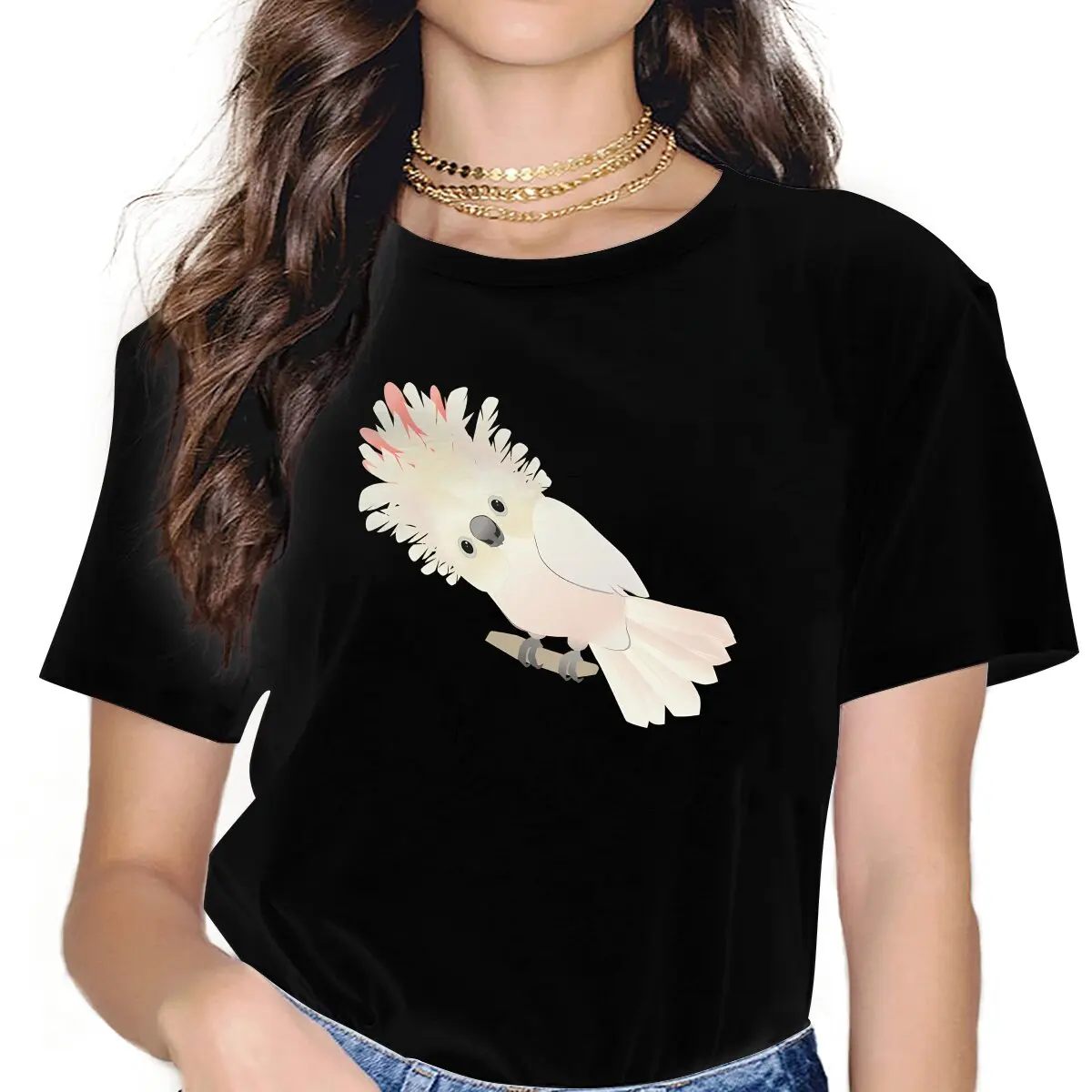 

Salmon Crested Cockatoo Women's T Shirt Parrot Birds Pet Girls Tees Kawaii Polyester Tops Basic Tshirt y2k Fashion