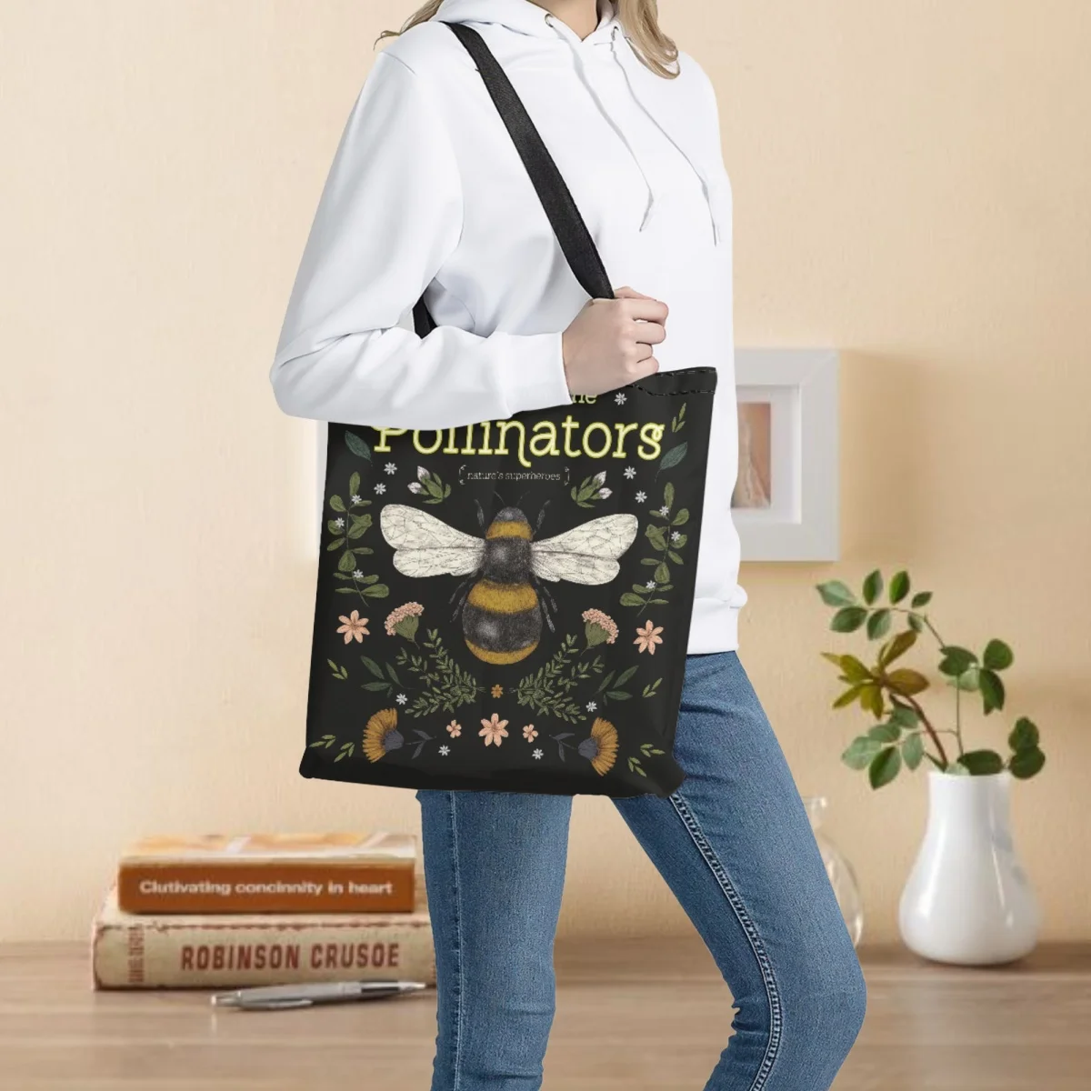 

Tote Bags Aesthetic Funny Bee Floral Design Pattern Large Capacity Double Sided Print Women Shopping Bag College Girls Bookbags