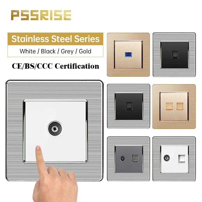 PSSRISE EU UK Standard Computer TEL Optical Fiber TV Socket Wall Outlet Stainless Steel Panel Wall Socket Combination 86*86mm