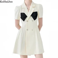 kohuijoo womens fashion dresses 2022 summer new vintage puff sleeve slim a line double breasted formal dress sweet bow dress
