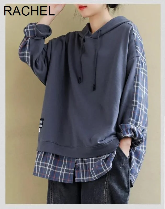 Новинка весна-осень свободная художественная прошивка в клетку с капюшоном для