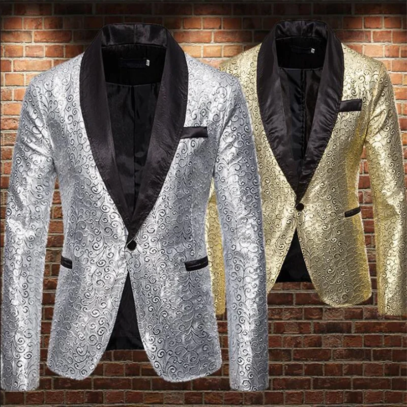 Gold silver shiny jacquard blazer men suits designs jacket mens stage singers Green fruit collar with a buckle clothes B450