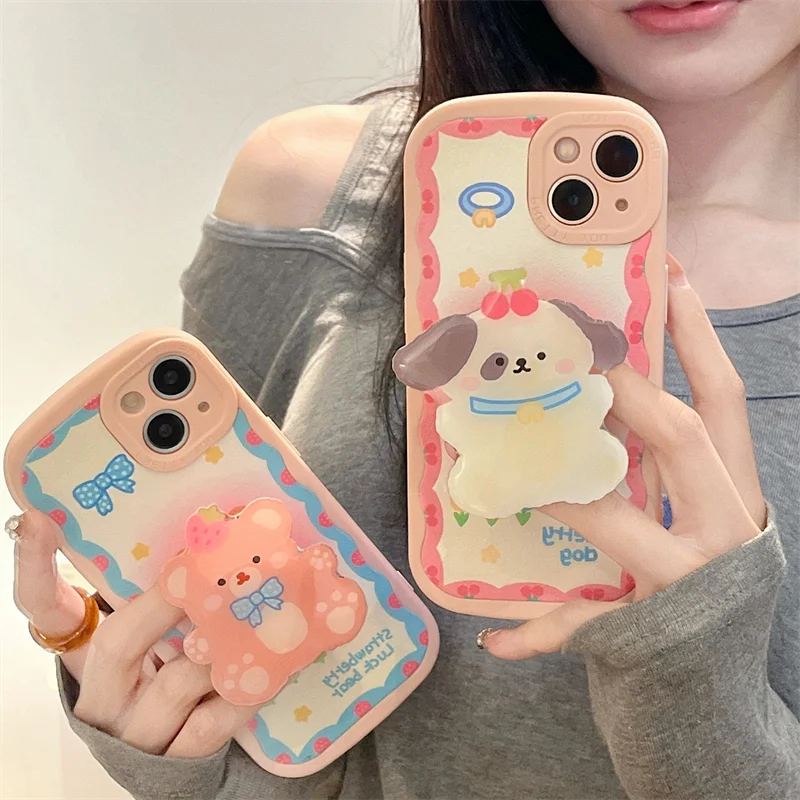 Ins Cute Little Dog Pink Bear Bracket Flower Soft Leather Case For iPhone 13 12 11 Pro Max X XR XS Max 7 8 Plus Protective Cover