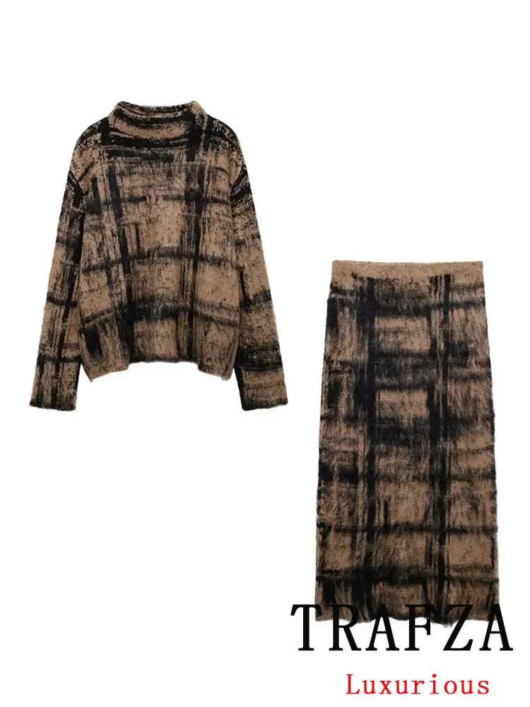 TRAFZA Винтажный повседневный шикарный женский костюм в клетку с круглым вырезом и