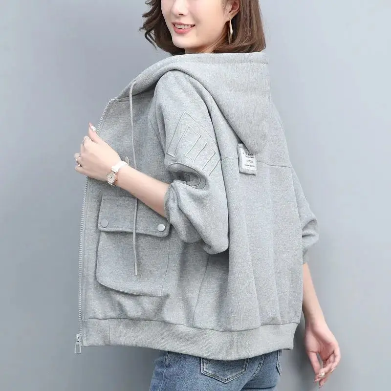 

Spring Autumn Zipper-up Hoodies Female Casual Streetwear Loose Hoodie Sweatshirt Pocket Hooded Women Cardigans Outwear E196