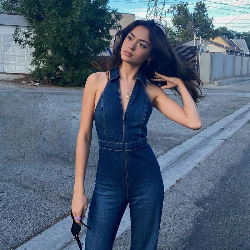 Elegant Denim Jumpsuit For Women 2023 Slim New Casual Combinations Pant Sleeveless Sexy V Neck Zipper Overalls Summer Outfits