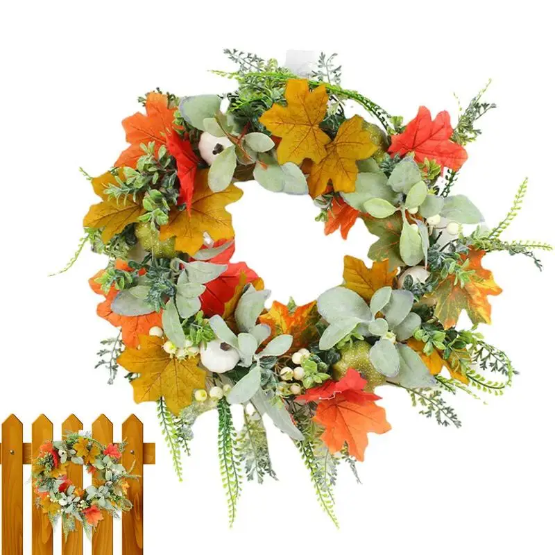 

Fall Wreaths For Front Door 17.7 Inch White Pumpkin Outdoor Wreath Harvest Rustic Door Wreath With Maple Leaves Autumn Wall