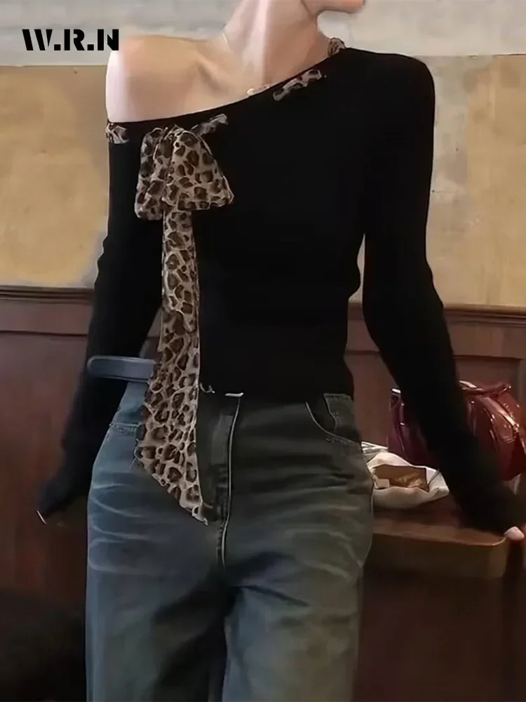 Женская футболка с леопардовым принтом Повседневная длинным рукавом и бантом Y2K