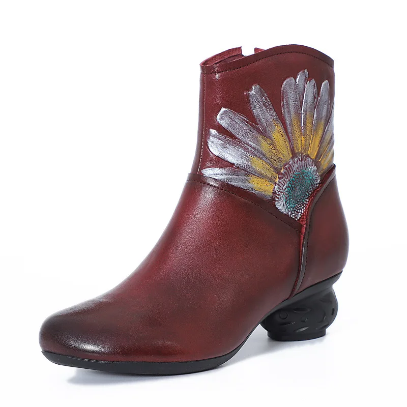 

YourSeason Ladies Print Boots Genuine Leather Zip Vintage 2022 Women Sewing Concise Platform Shoes Spring Winter Round Toe