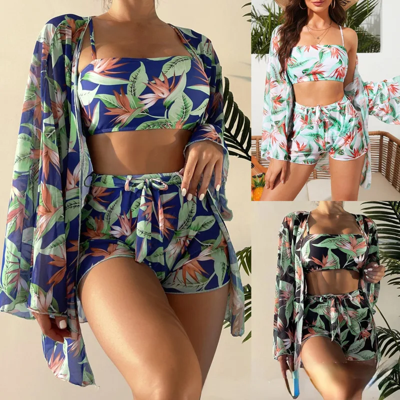 

2023 Sexy Halter 3PCS Push Up Mayo Bikini Set Floral Swimwear Women High Waisted Swimsuit Beach Bathing Swim Suit Biquini Mulher