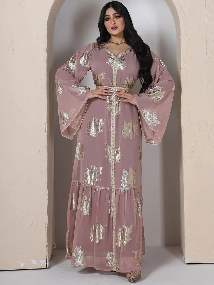 

Arabian Kaftan Evening Long Dress Women Gold Stamping Chiffon Moroccan Caftan Dubai Saudi Gulf Jalabiya Muslim Party Abaya 2022