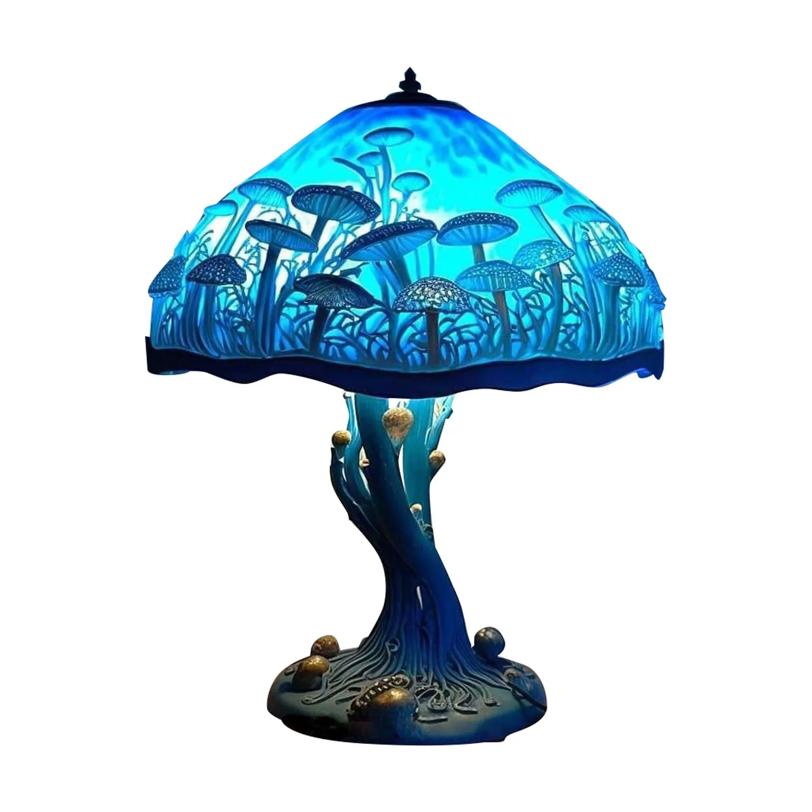 

Abstract Stained Glass Plant Series Table Lamp Colorful Plant Blue Mushroom Shape Resin Bedside Lamp Atmosphere Light Home Decor