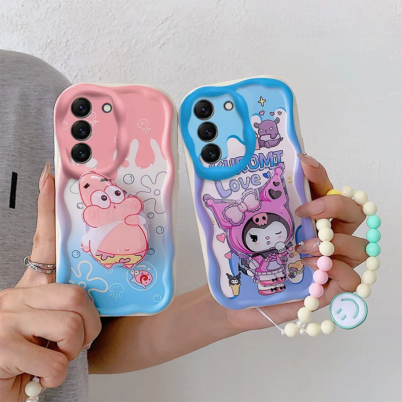 

Phone Case For Samsung Galaxy S22 Pro S22 Plus 22 Wavy Edge Creamy Cartoon Design With Holder And Bracelet Case Cover