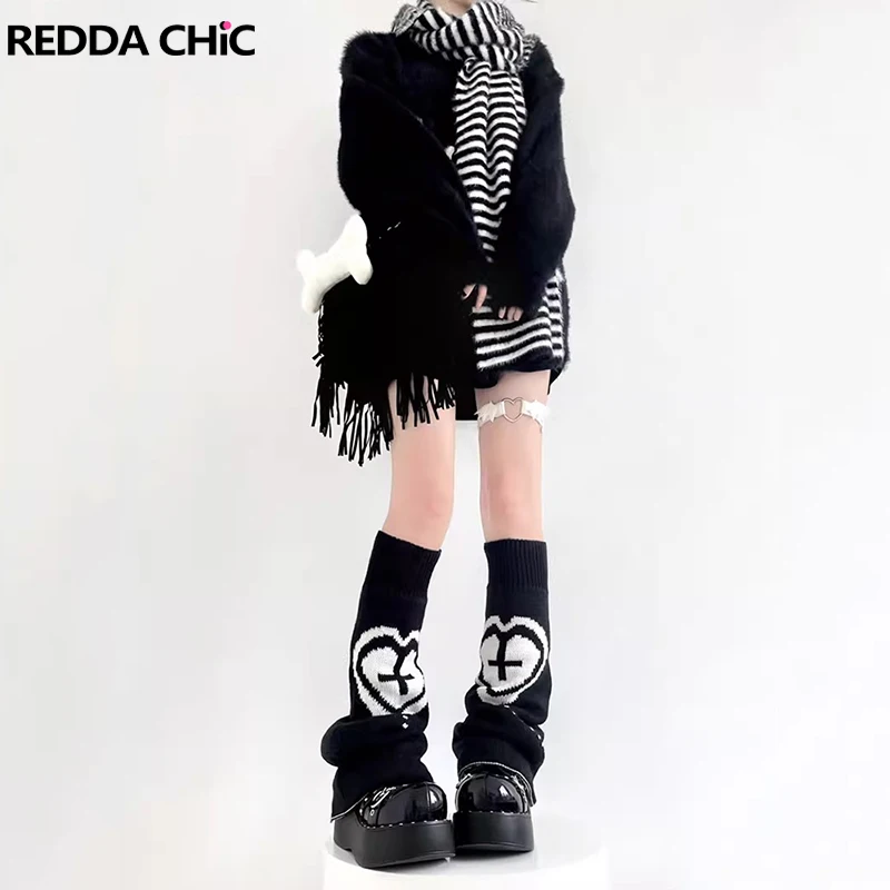 

REDDACHiC Dollette Aesthetic Y2k Heart Knit Black Leg Warmers Japanese Girl JK Lolita Long Socks Reversible Women Boots Covers